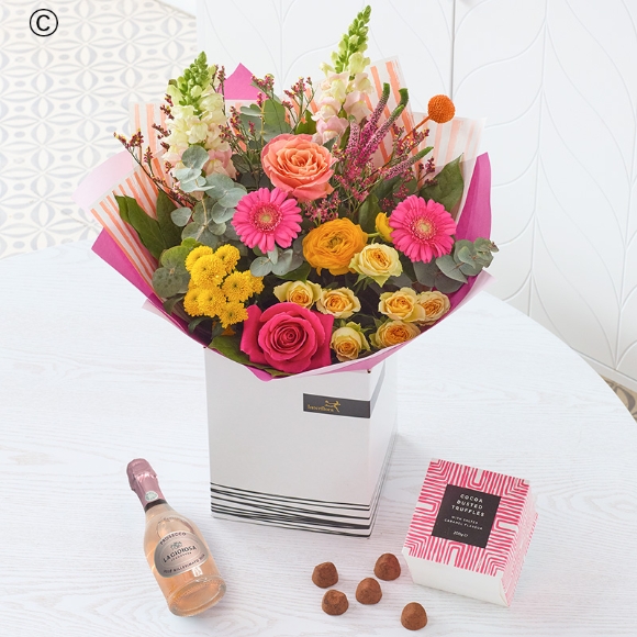 Bright Bouquet With Chocolates and Fizz