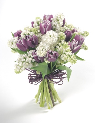 White lilac and tulip hand tied