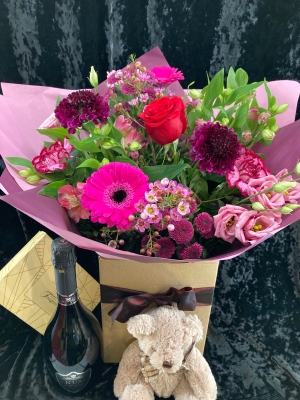 Valentines Hand Tied, Bear, Chocolates & Prosecco